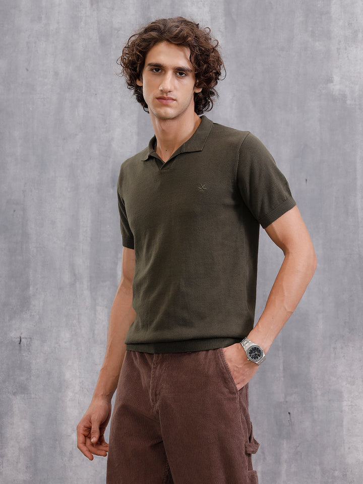 Premium Flat Knit Slim Fit Polo T-Shirt | Olive
