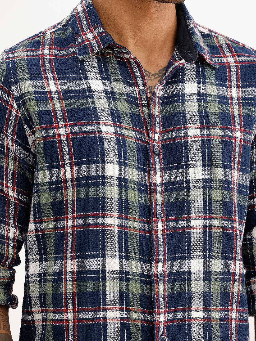 Slim Fit Checkered Full Sleeve Shirt | Navy Blue