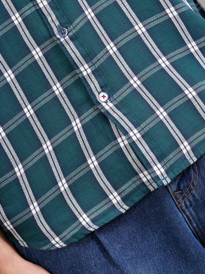 Textured Cotton Dobby Check Shirt  | Green