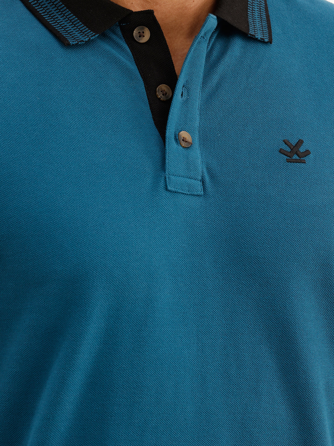 Solid Slim Fit Jacquard Collar Polo T-Shirt | Teal
