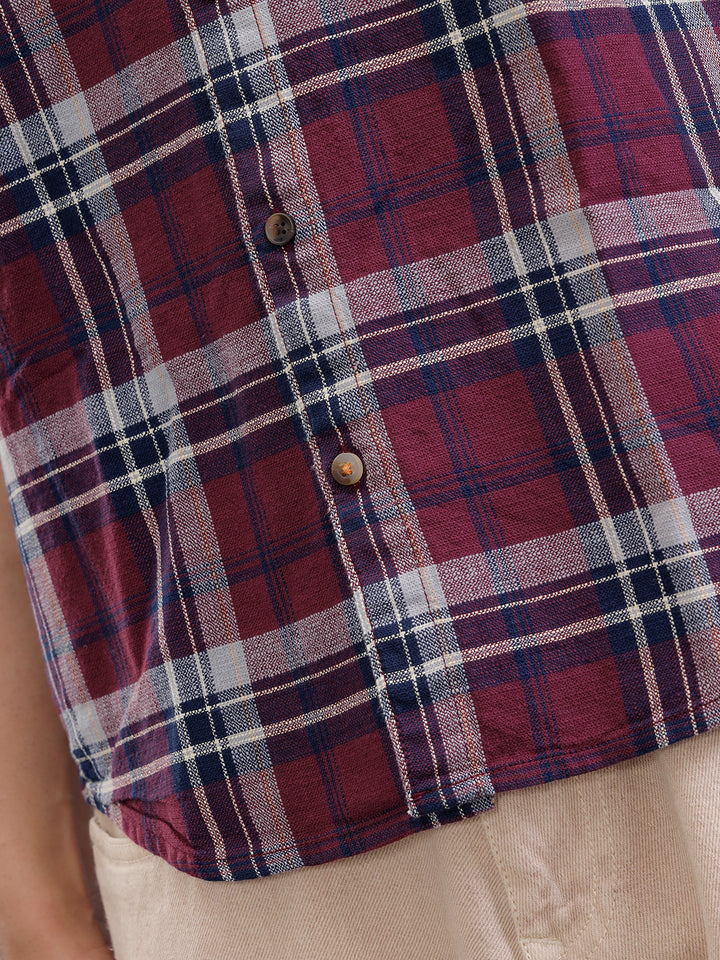 Slim Fit Check Shirt In Special Slub Weave | Maroon