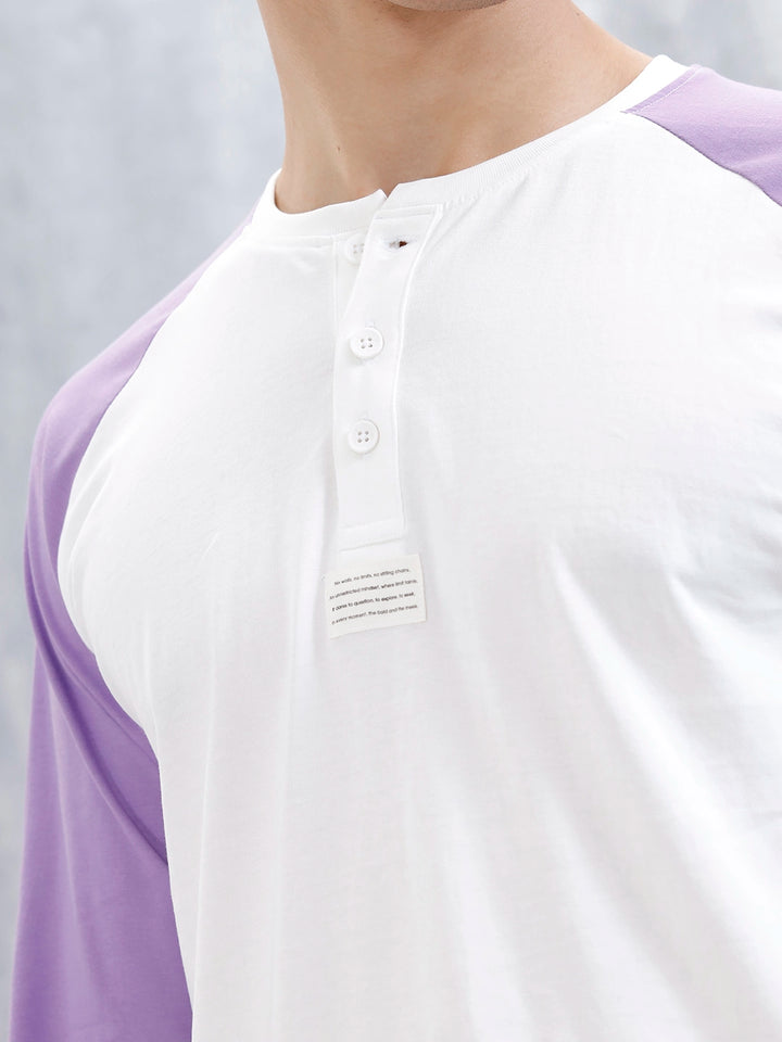 Wrogn Men's Raglan Sleeves Colorblocked Henley T-Shirt | White