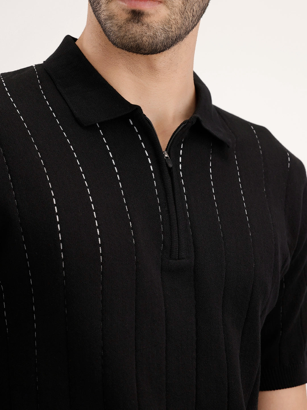 Slim Fit Flat Knit Textured T-Shirt | Black