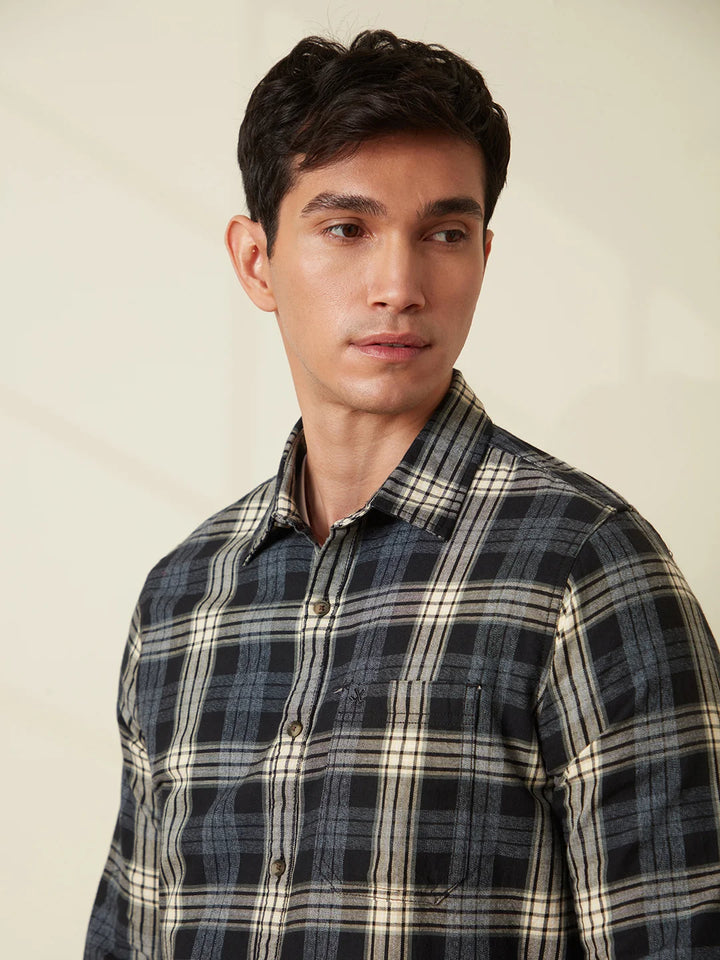 Textured Checks Slim Fit Shirt | Black