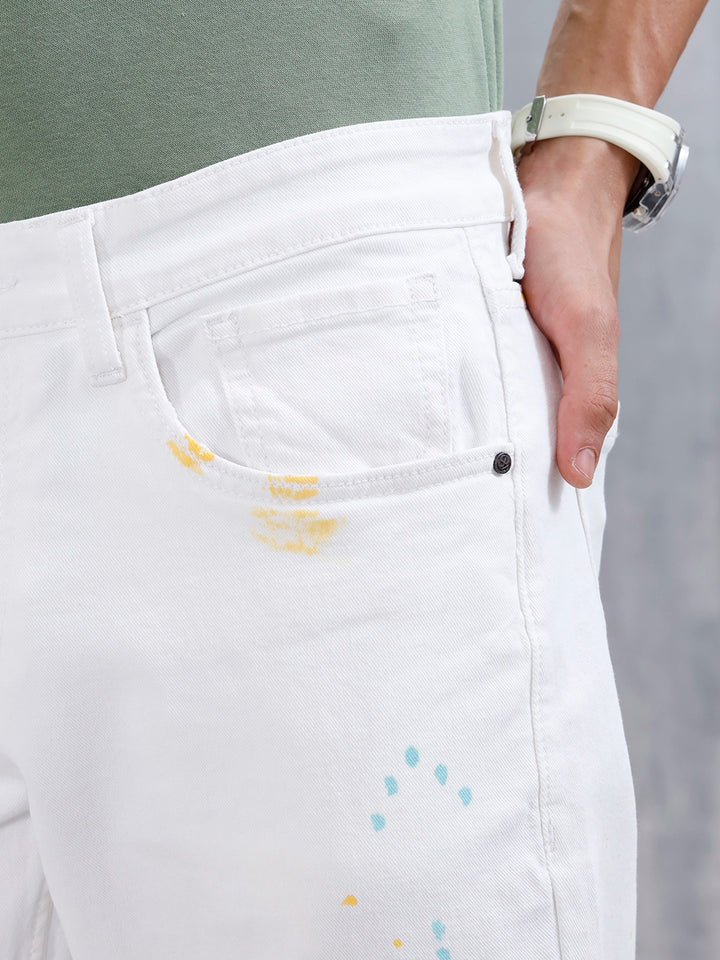 Men's Causal Straight Fit Splatter Effect Jeans | White