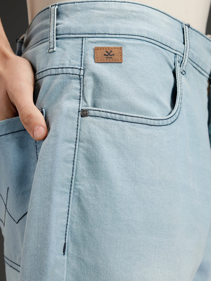 Wrogn Men's Casual Straight Fit Jeans with Contrast Stitch Detail | Light Blue
