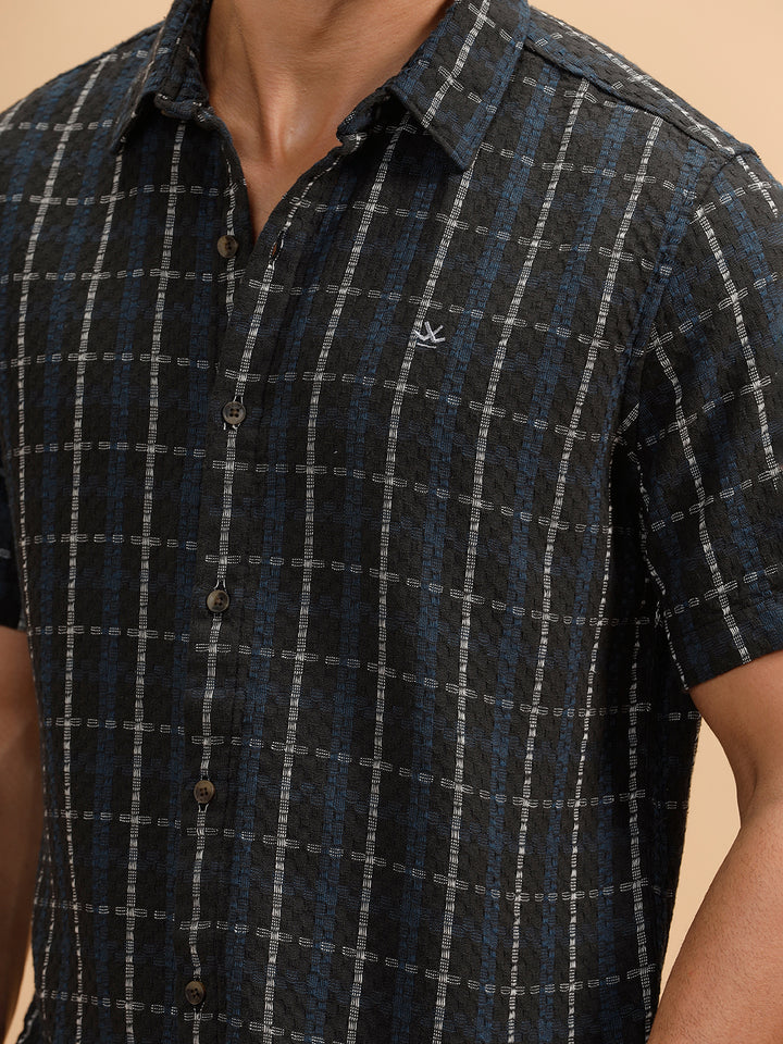 Textured Checks Short Sleeve Shirt | Black