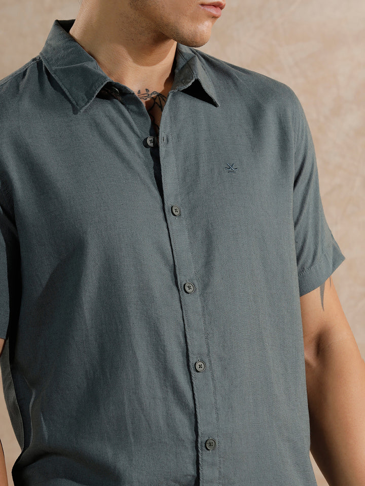 Solid Linen Blend Slim Fit Shirt | Teal