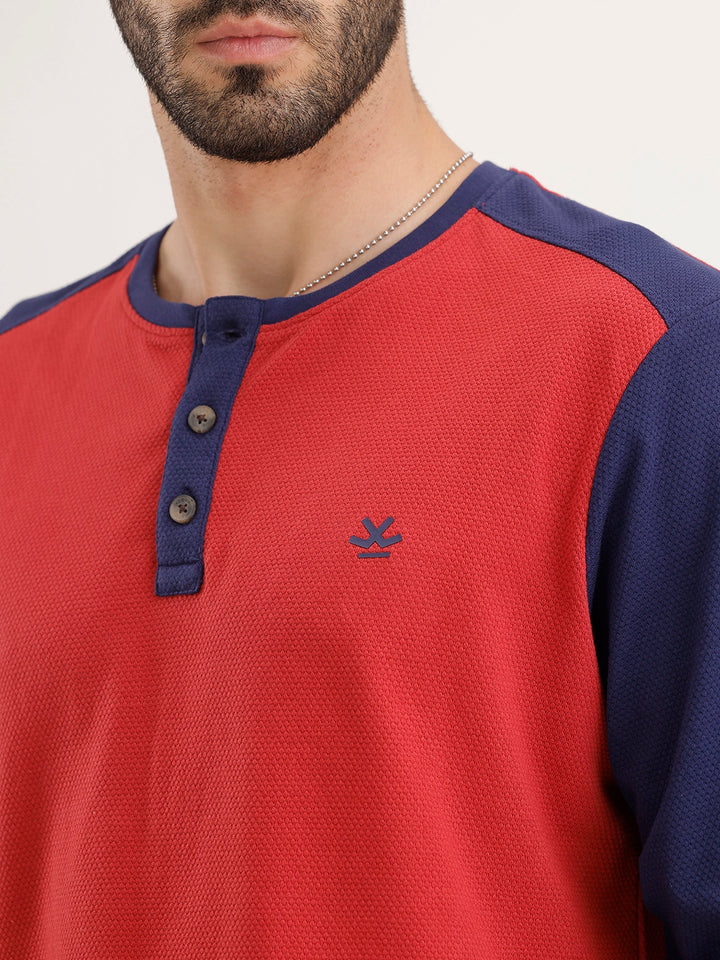 Comfort Fit Full Sleeve Henley T-Shirt | Red