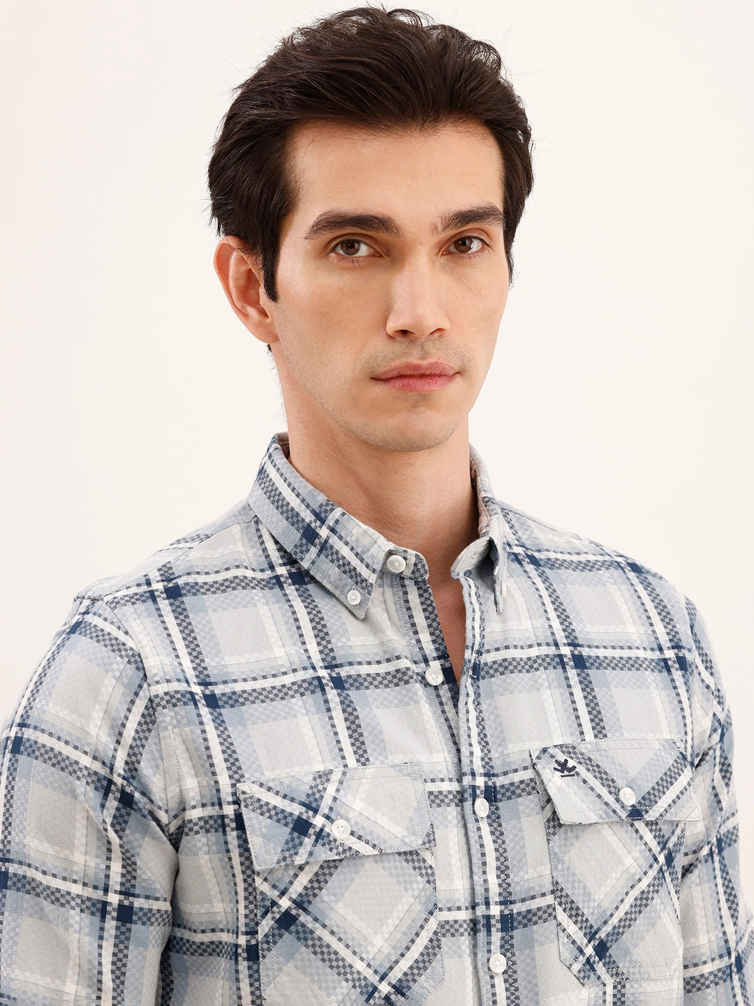 Regular Fit Double Pocket Checkered Shirt | Blue
