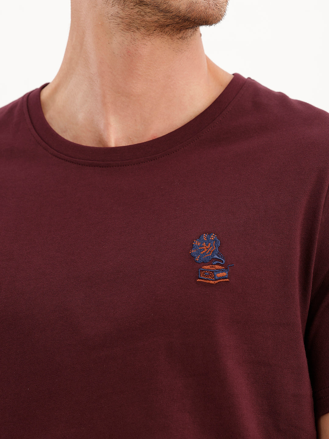 Slim Fit Quirky Emroidered Patch Detail T-Shirt | Wine