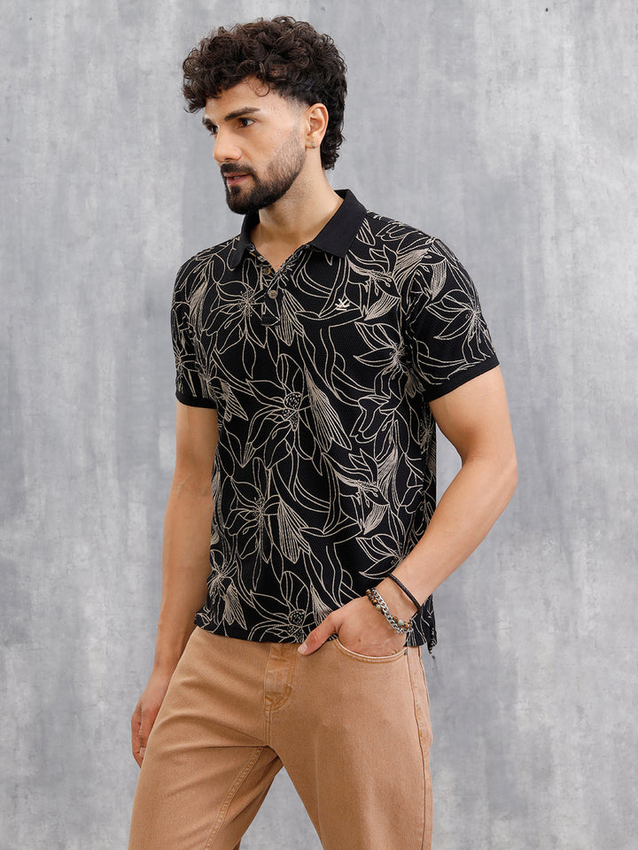 Floral Abstract Aop Polo T-Shirt | Black