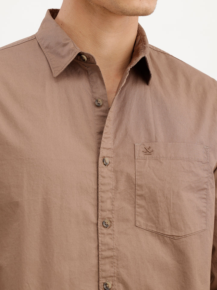 Regular Fit 100% Cotton Solid Shirt | Khaki