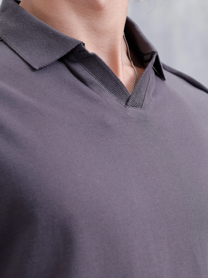 Men Oversized Fit Casual Johnny Collar T-shirt | Dark Grey