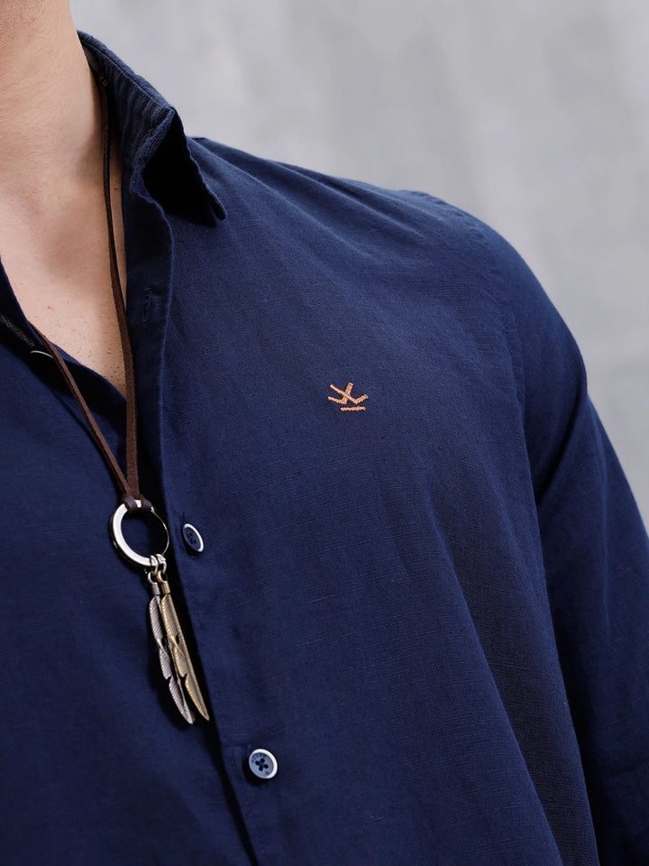 Solid Linen Blend Shirt  | Navy Blue