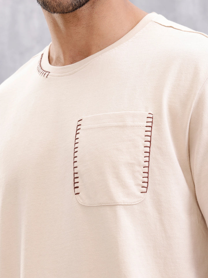 Oversized Fit T-Shirt With Thread Detail And Patch Pocket | Beige