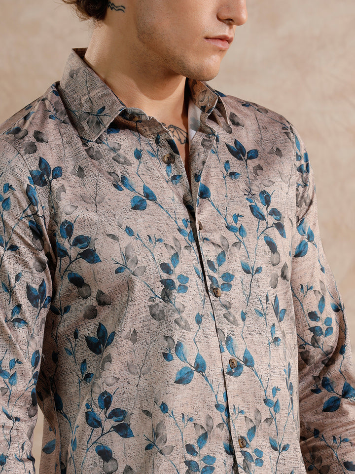 Printed Satin Slim Fit Shirt | Khaki