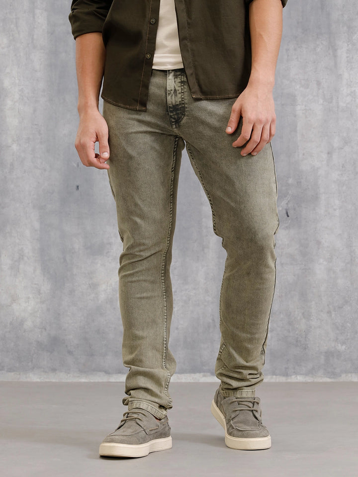Retro Wash Overdyed Slim Fit Jeans | Olive