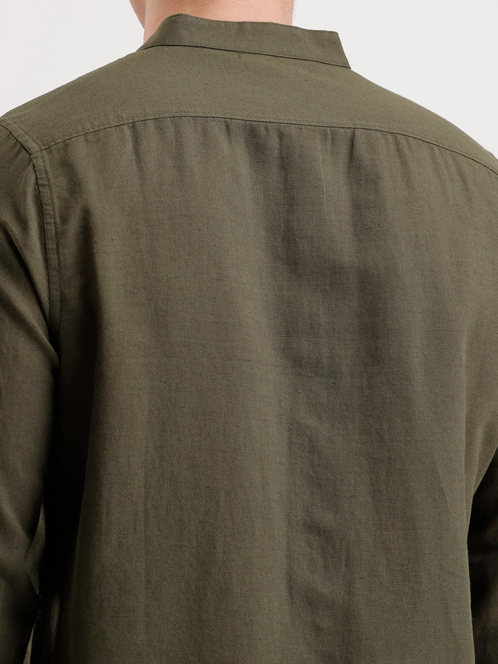 Slim Fit Mandrin Collar Linen Blend Shirt  | Olive
