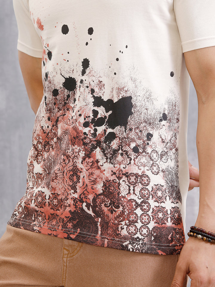 Tapestry Inspired Distressed Ombré Print T-Shirt | Beige