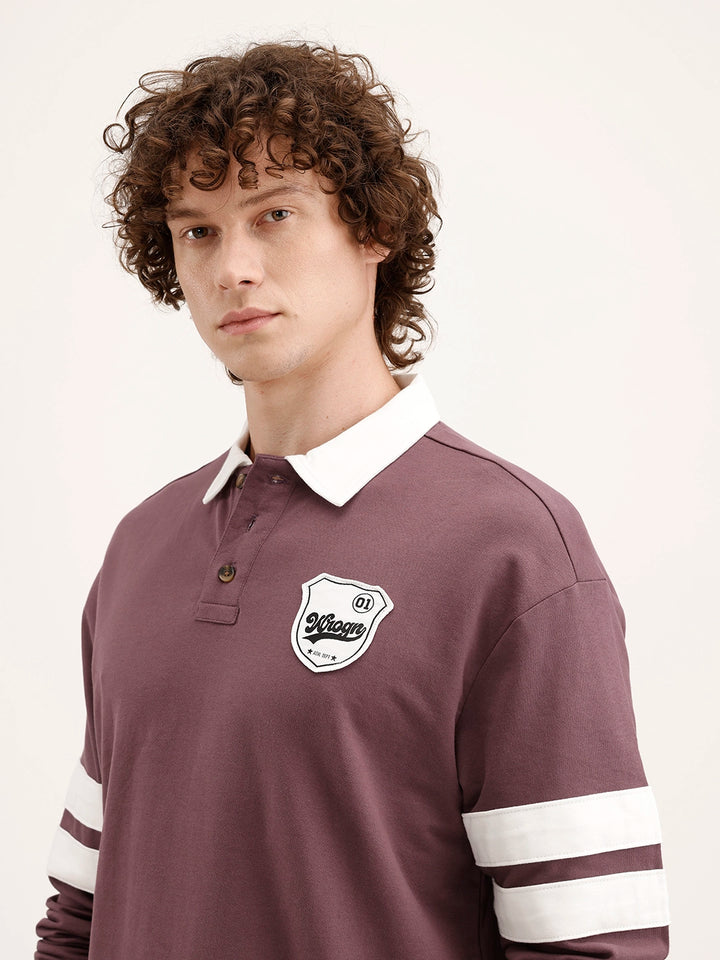 Oversized Patch Detailed Long Sleeve Polo T-Shirt | Purple