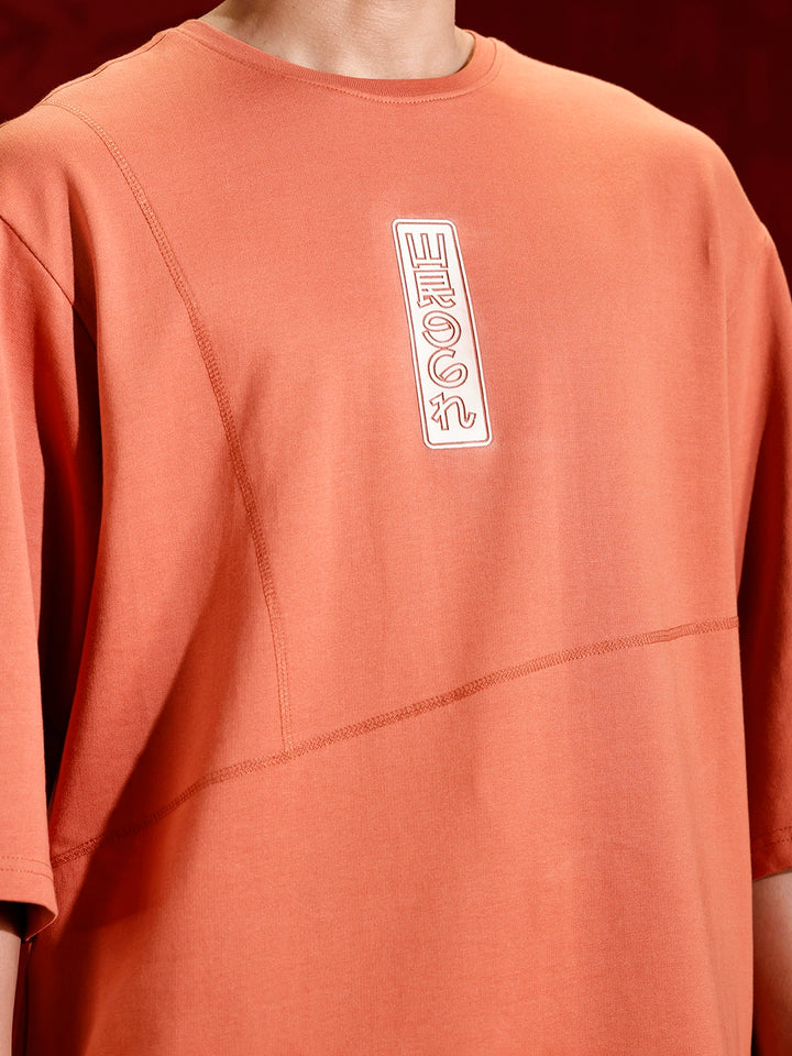 Men’s oversized 3/4 sleeve T-shirt with chest print & tonal stich detail | Rust