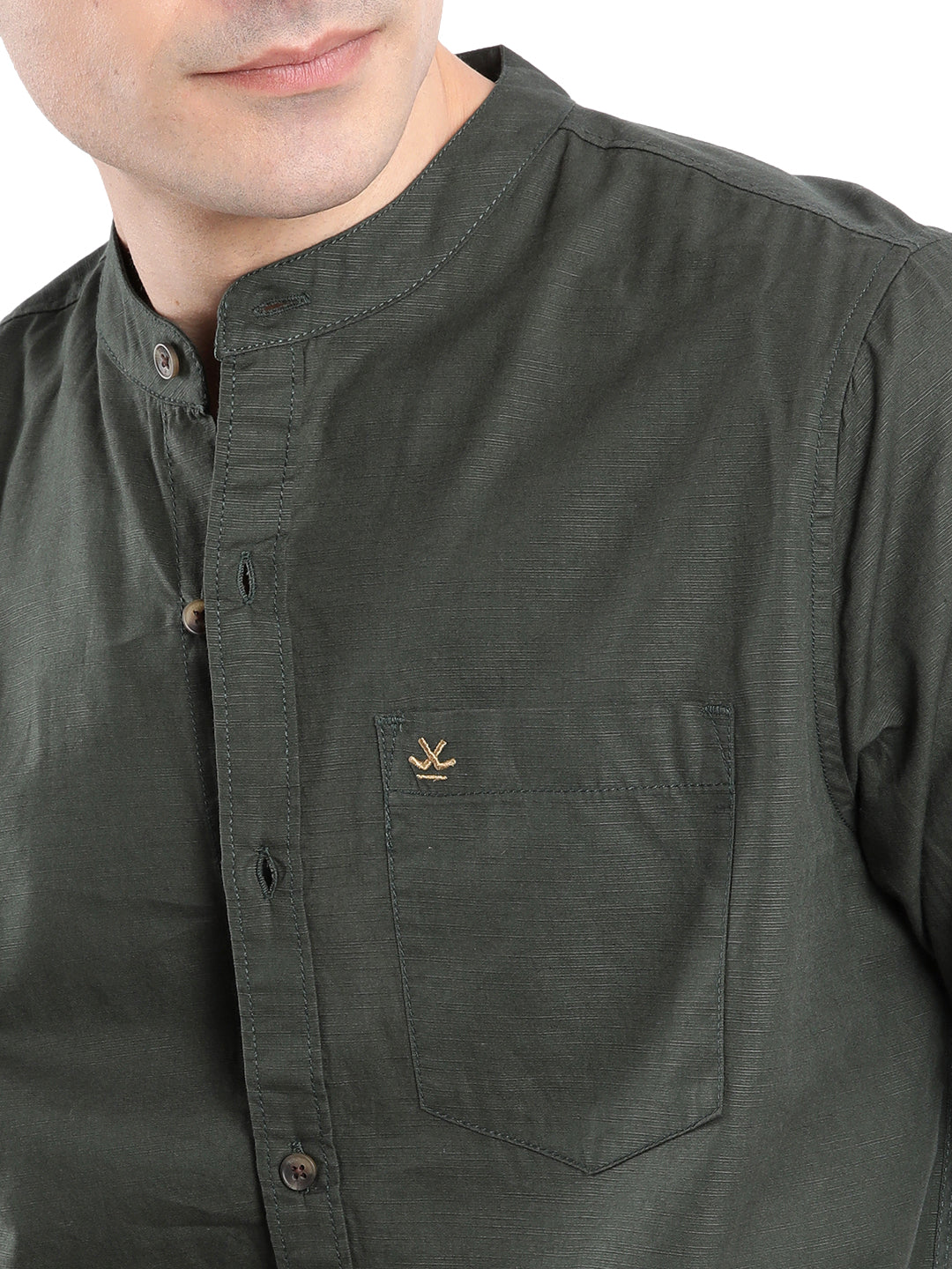 Olive Mandarin Collar Regular Shirt