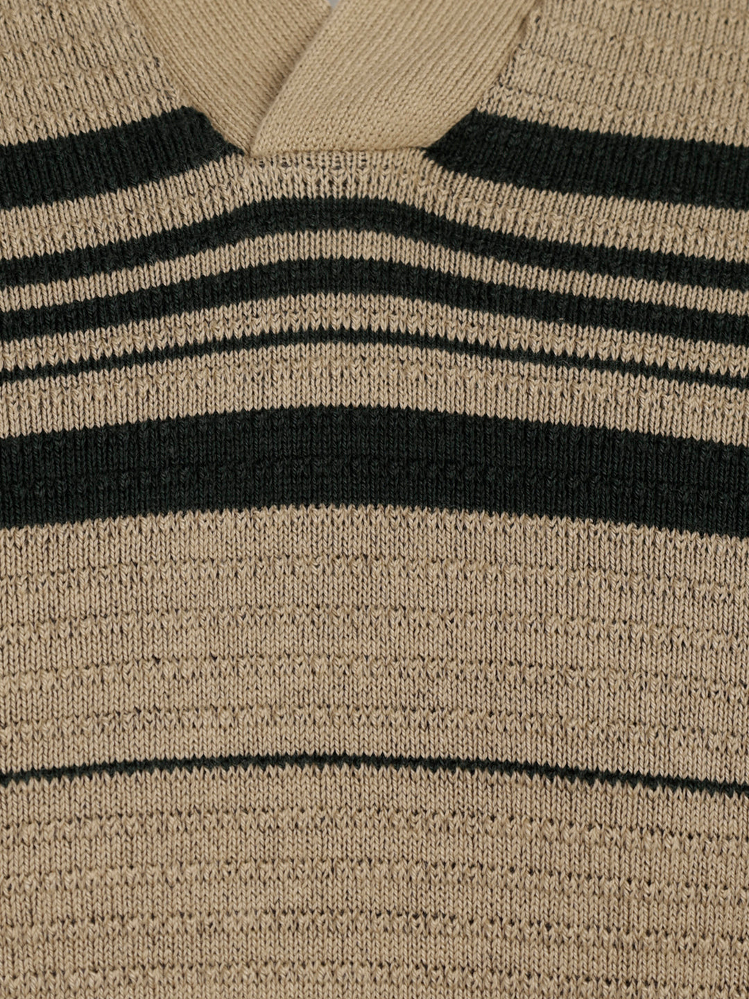Striped Knitted Johnny Collar Polo Tee | Beige