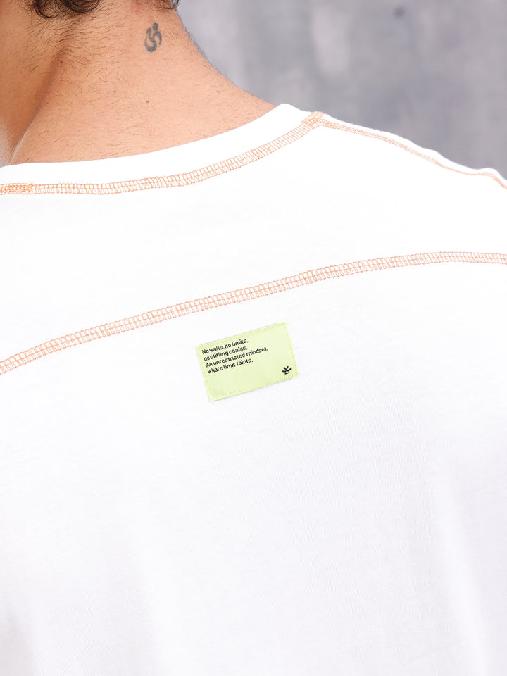 Contrast Flat Lock Detail Oversized Fit T-shirt With Print | White