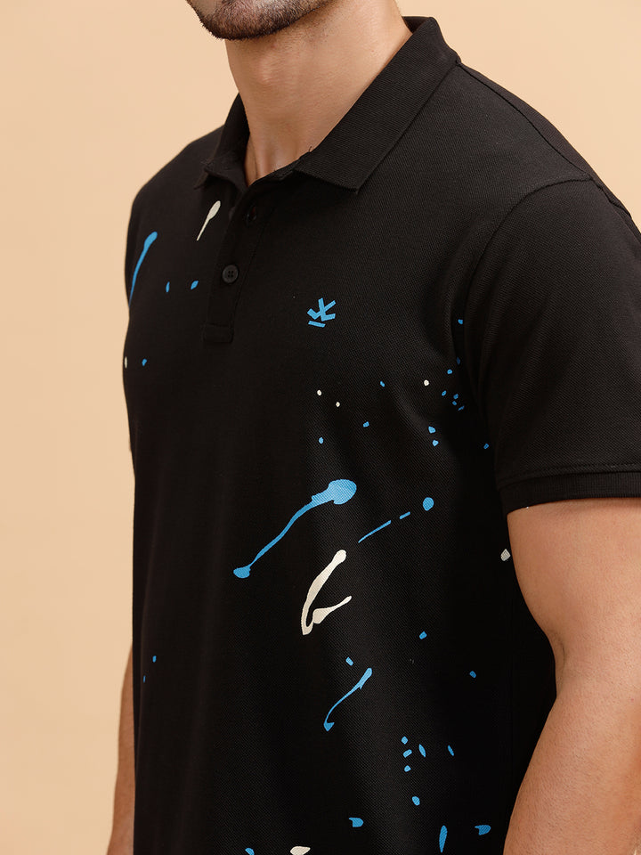 Paint Splatter Printed Polo T-Shirt | Black