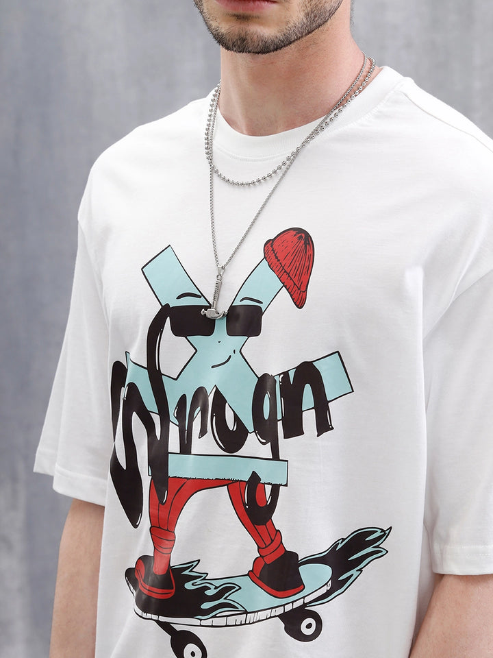 Skater Logo Printed Oversized Fit T-Shirt | White