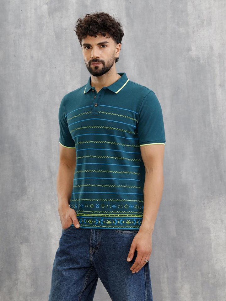 Embroidered Look Engineered Aop Polo T-Shirt  | Teal