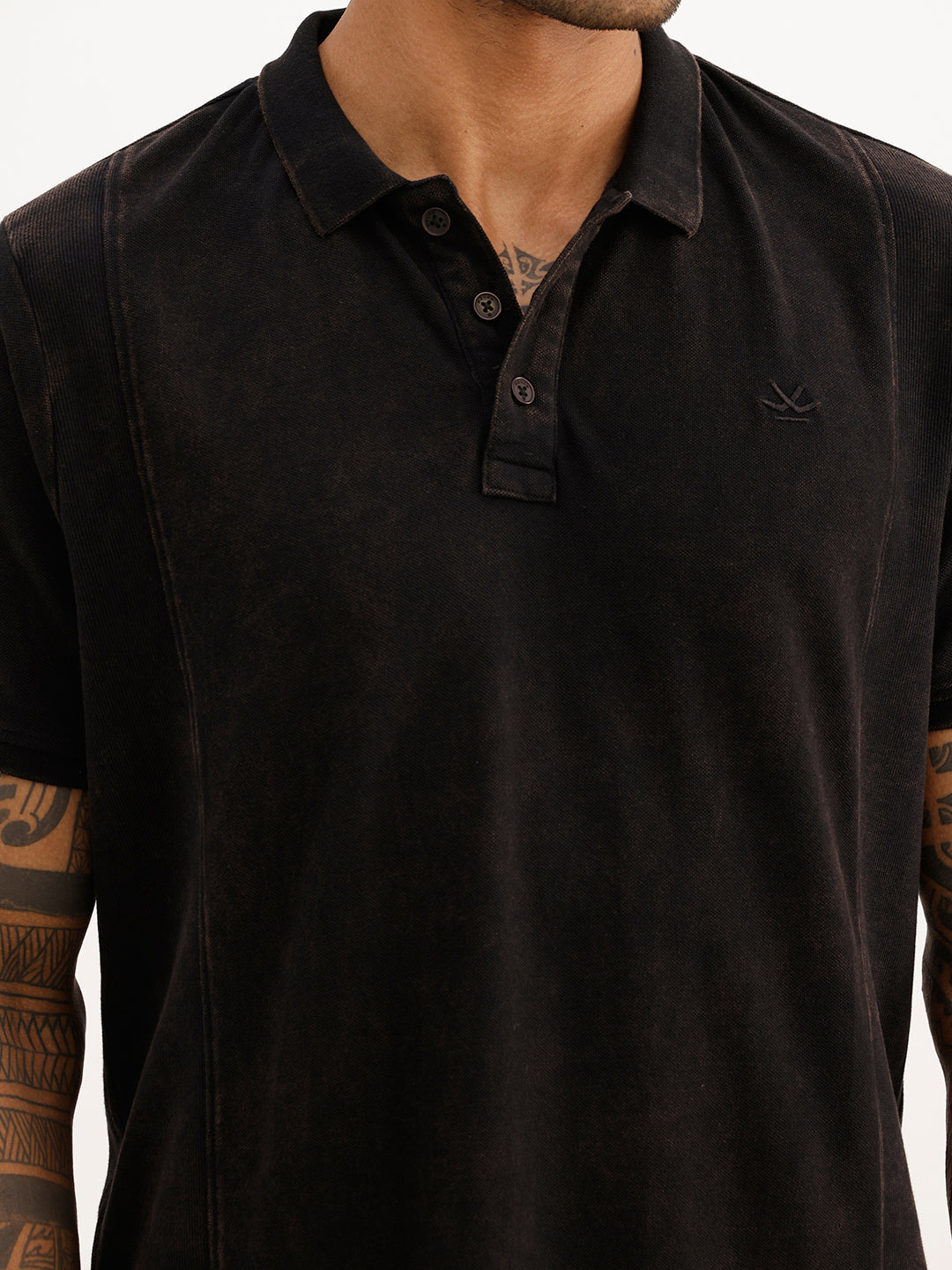 Slim Fit Faded Cut & Sew Polo T-Shirt | Black