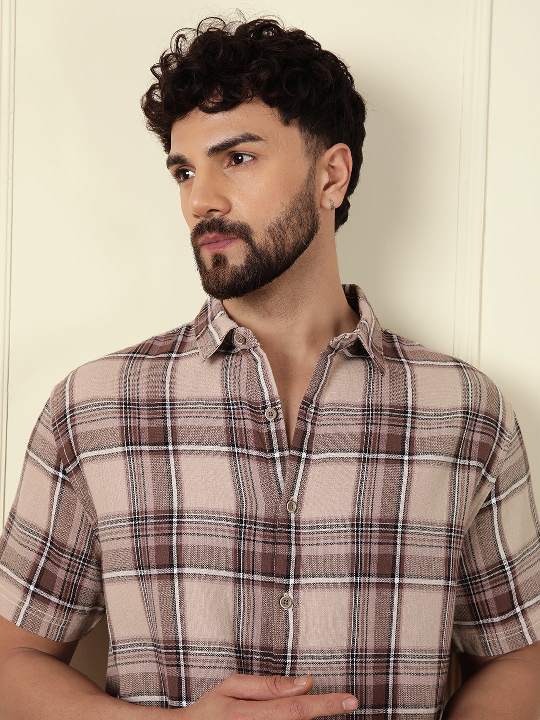 Checked Open Dobby Shirt | Brown – Wrogn Checked Open Dobby Shirt | Brown – Wrogn