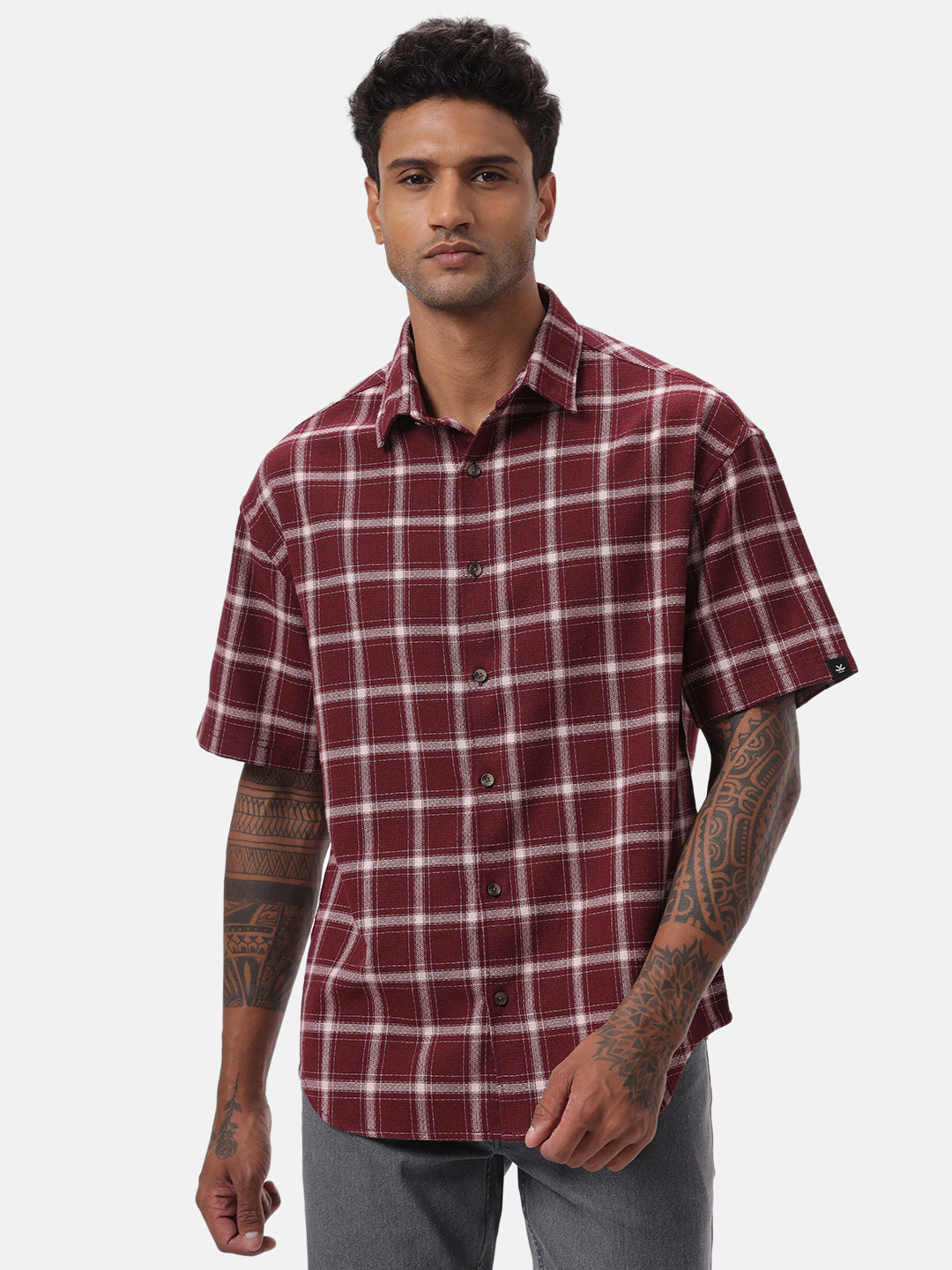 Maroon and White Checkered Casual Shirt