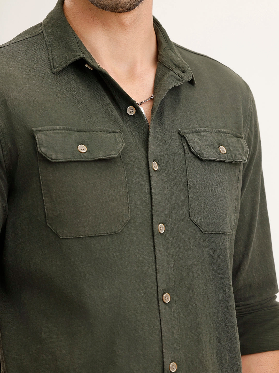 Washed Slim Fit Double Pocket Shirt | Olive