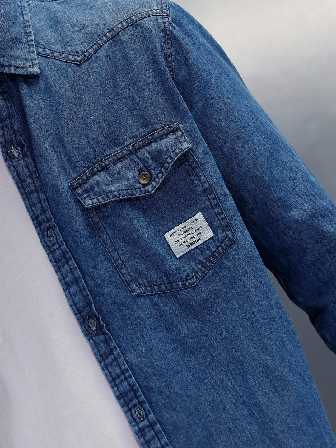 Flap Pocket Regualr Fit Denim Shirt With Branding | Blue