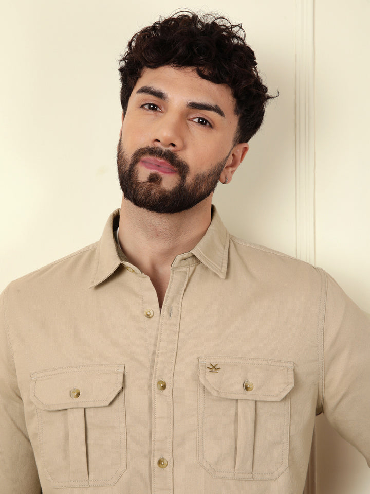 Fine Corduroy Slim Fit Shirt | Beige