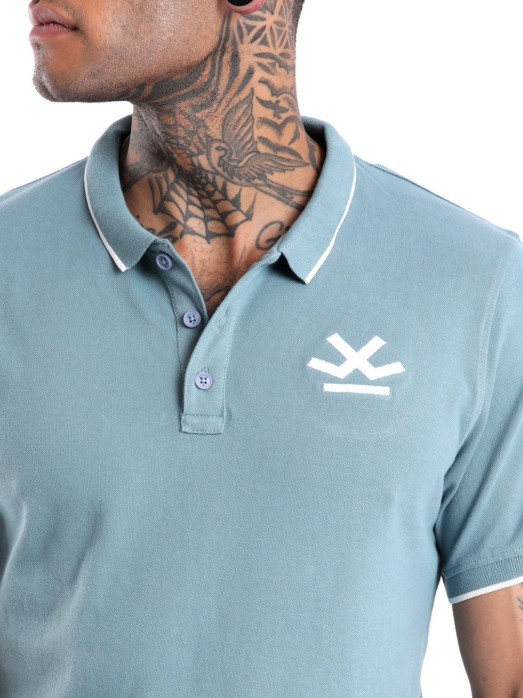 Solid Blue Logo Embroidered Polo T-Shirt