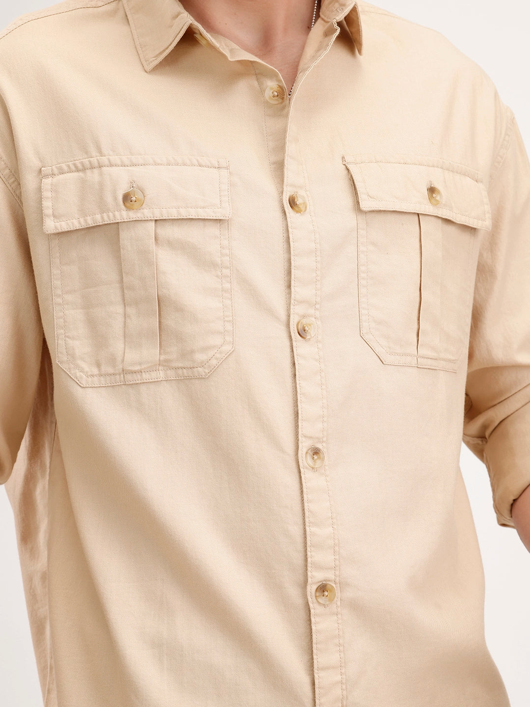 Solid Oversized Double Pocket Shirt | Beige