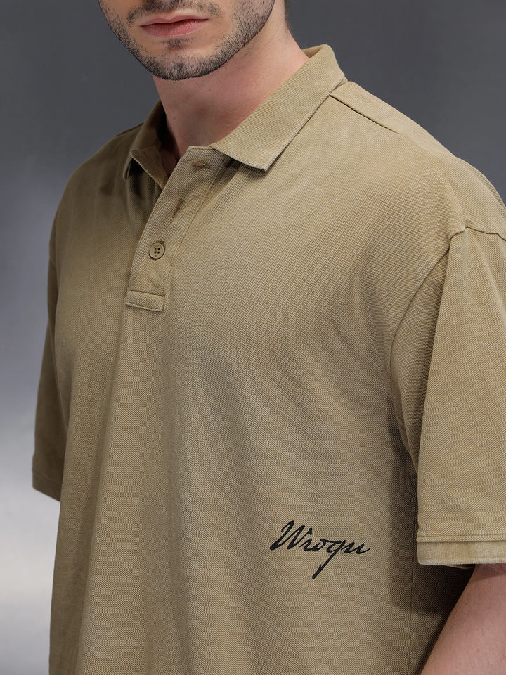 Washed Polo Neck Oversized T-Shirt With Branding | Khaki