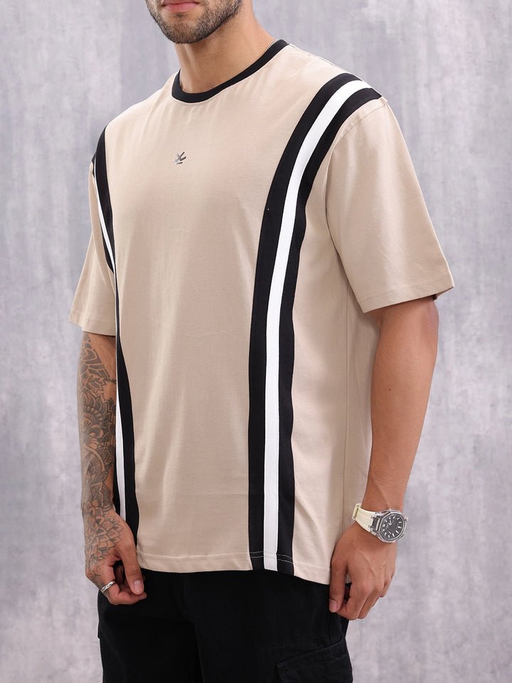 Contrast Cut&Sew Detail Sporty Look Oversized Fit T-shirt | Beige