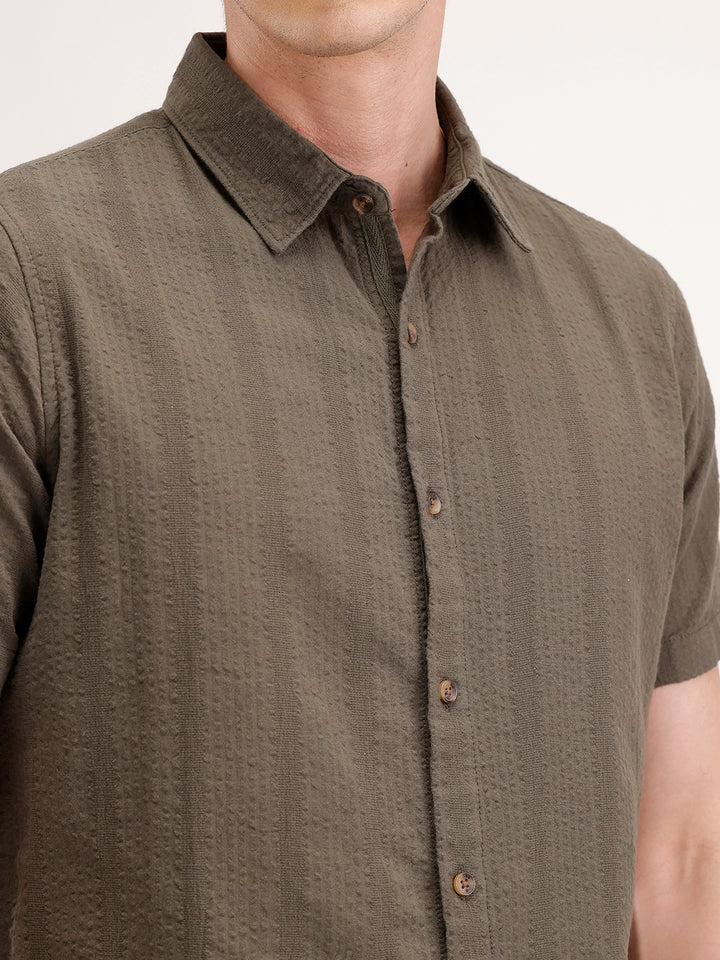 Slim Fit Textured Half Sleeve Shirt | Olive
