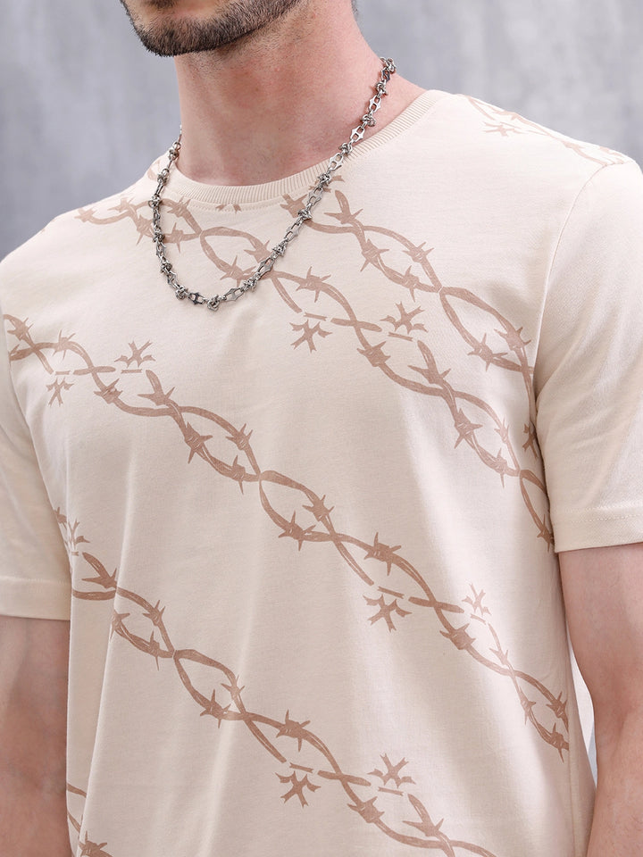 Barbed Wire AOP Slim Fit T-Shirt | Beige