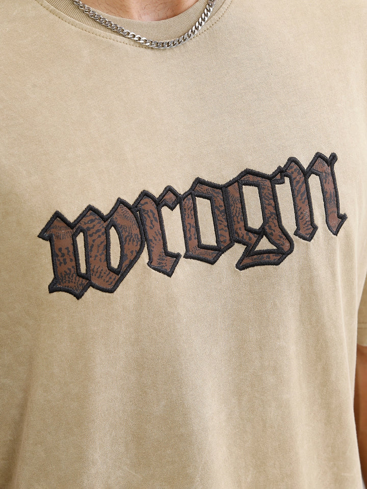 Acid Wash Oversized Fit T-shirt With Embroidery | Khaki