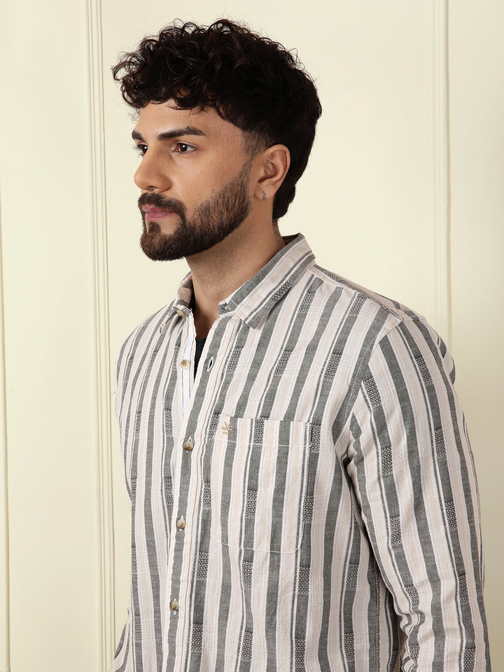 Textured Stripes Cotton Shirt | Grey
