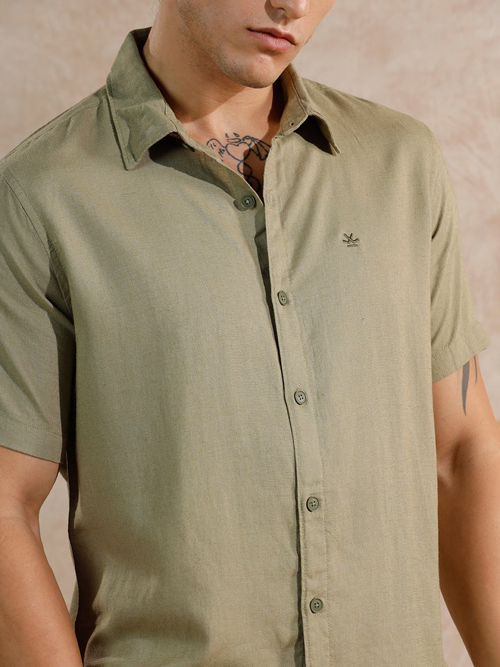 Solid Linen Blend Slim Fit Shirt | Olive