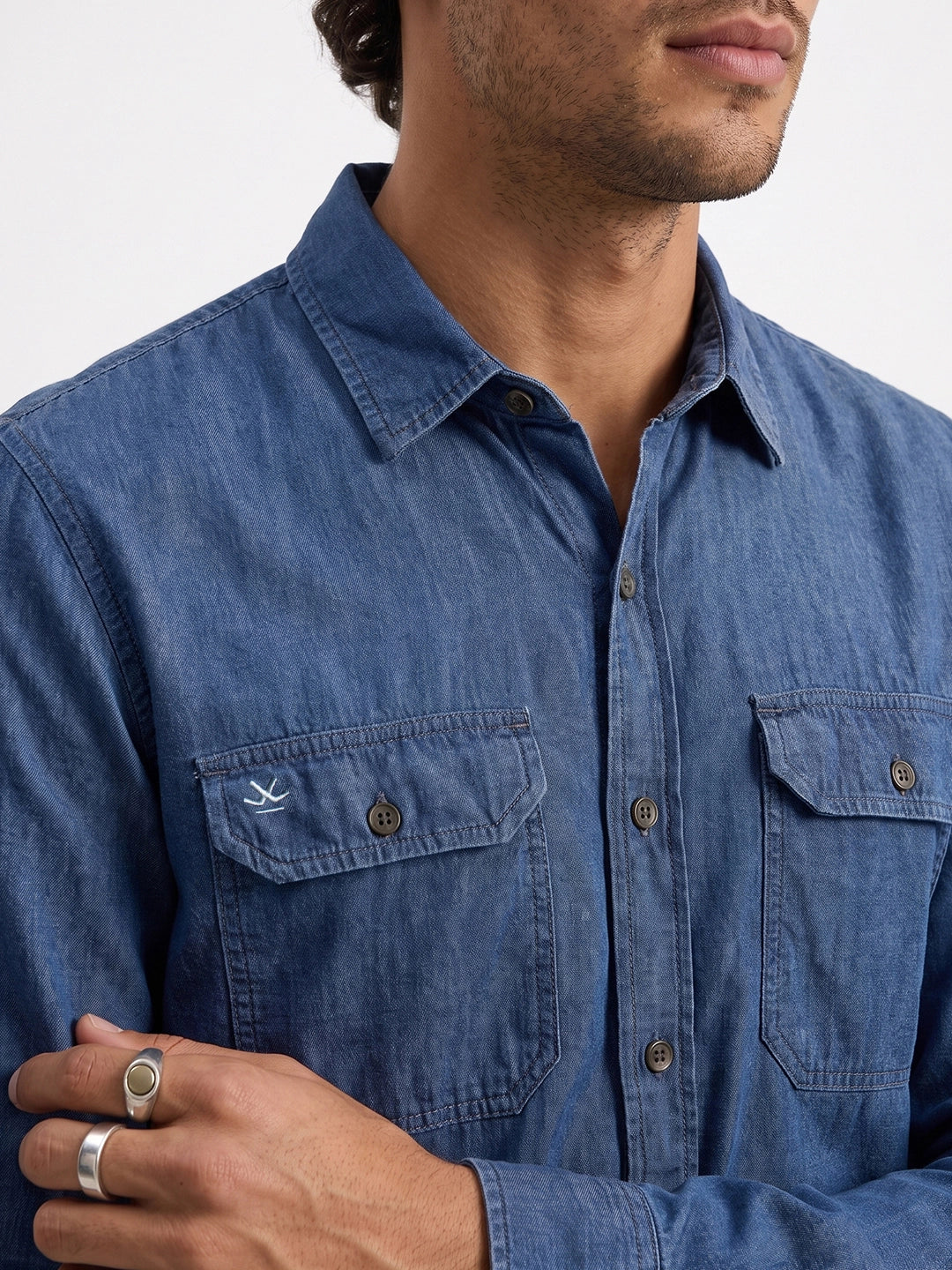 Classic Solid Double Pocket Shirt | Blue