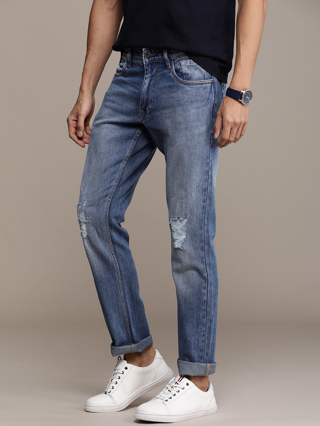 Mildly Distressed Regular Fit Denim Jeans