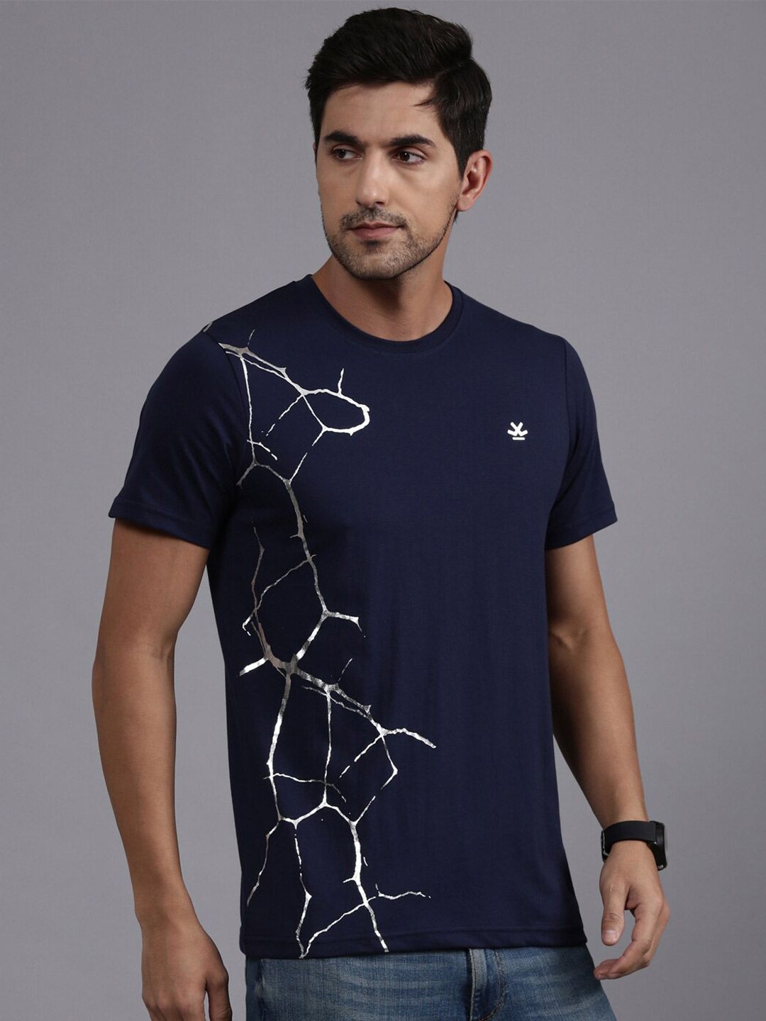 Navy Foil Print Crew Neck T-Shirt